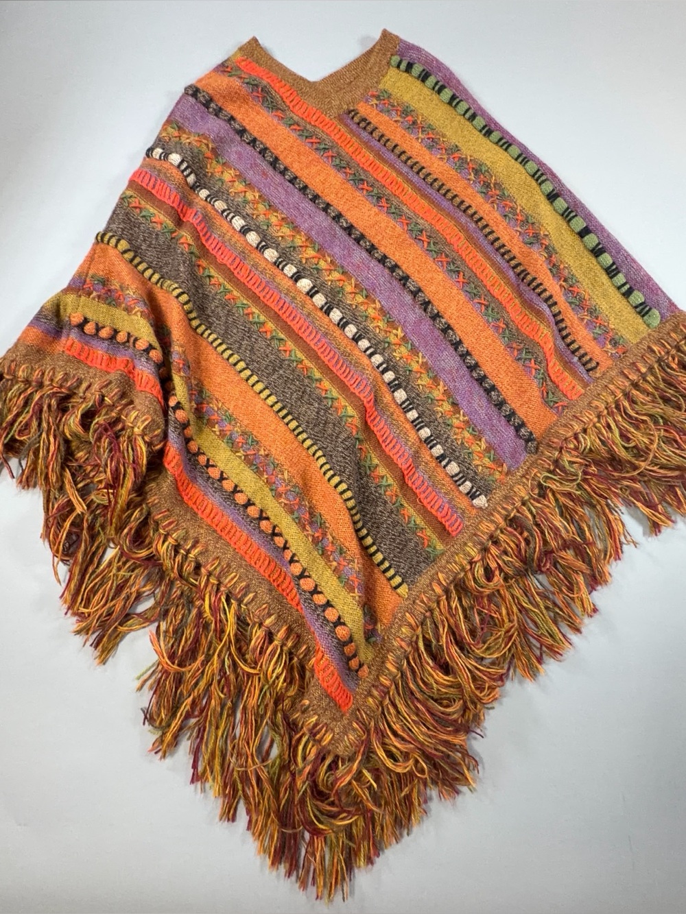 Baby Alpaca Peru Embroidered Fringe Poncho Multicolor Boho Artisan Knit